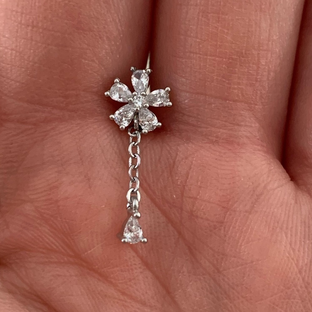 Silver Crystal Flower Dangle Cartilage Earring - Picture 3 of 6